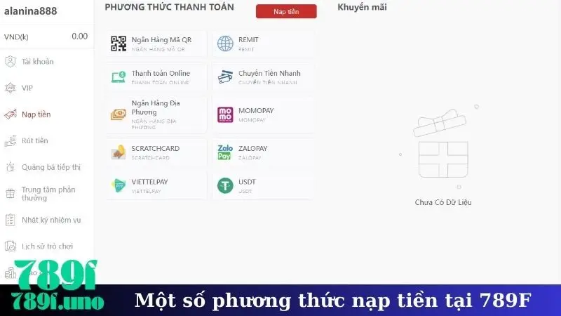 Một số phương thức nạp tiền tại 789F